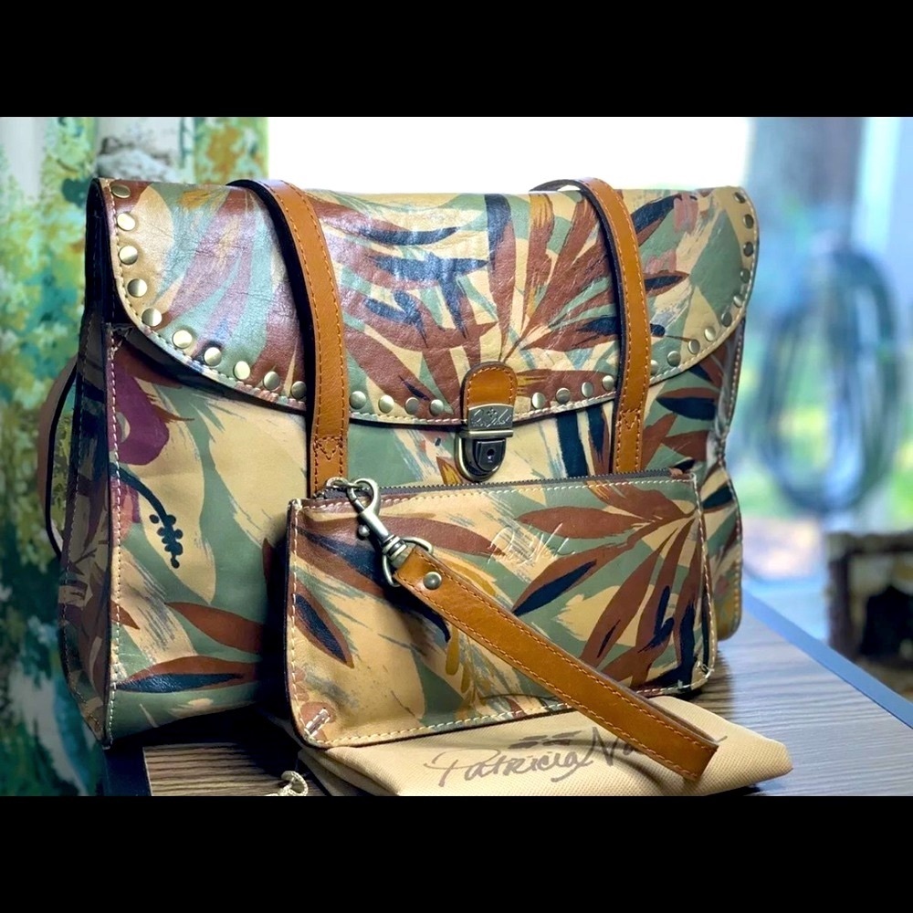 SET: NEW Patricia Nash Leather Verbania Satchel & EUC Wallet, Palm Leaves.